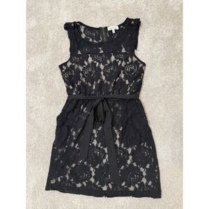 Monteau Black Lace Sheath Dress Size M Sleeveless Belted Zip Closure